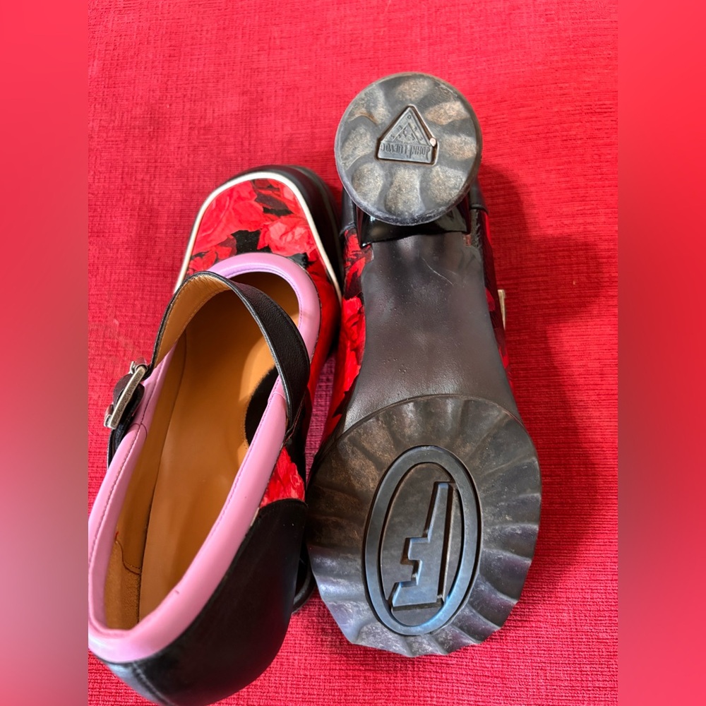 John Fluevog Black and Red Floral Mary Jane Heels with Pink Trim - Picture 8 of 9